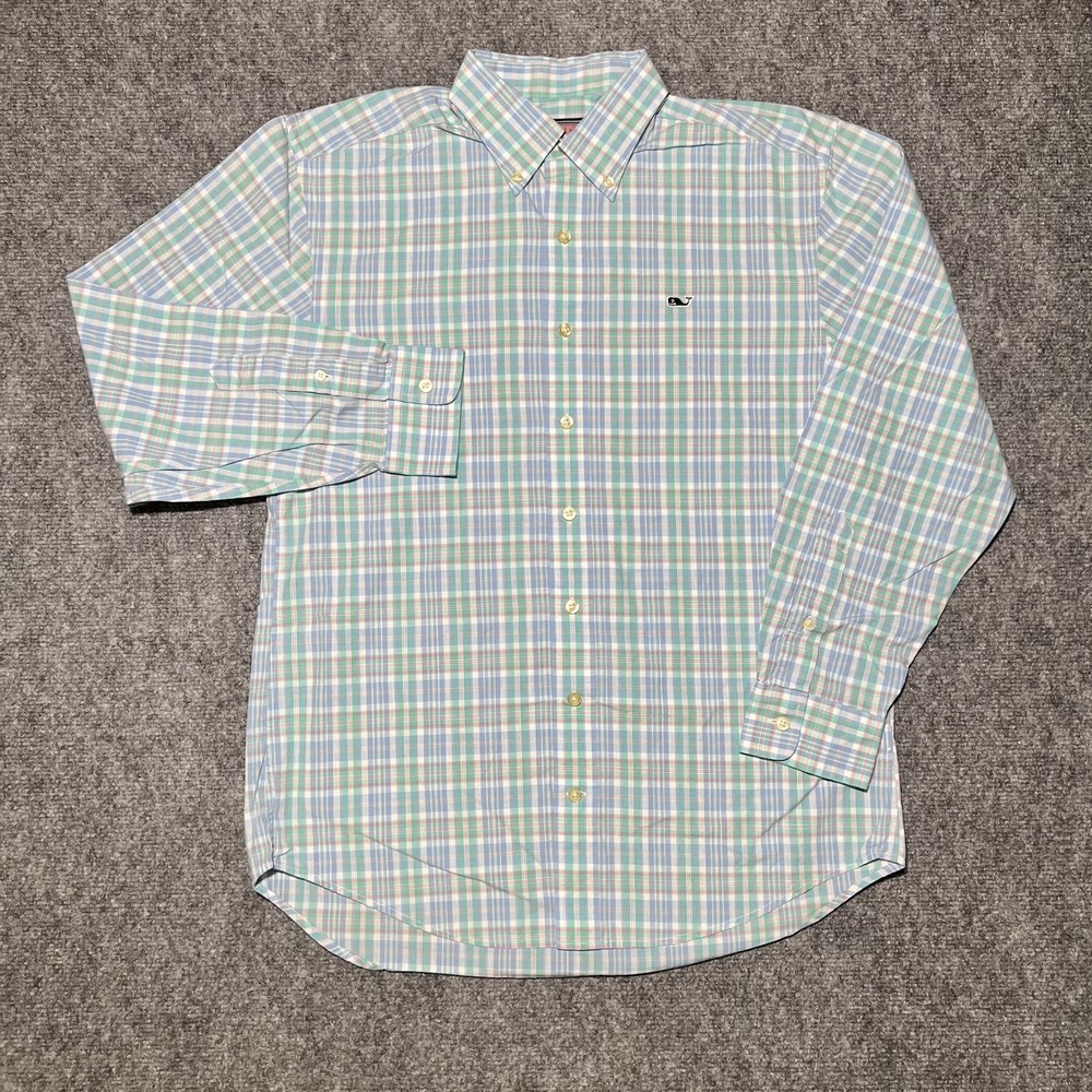 Vineyard Vines Whale Shirt Men's Small Green Blue White Plaid Oxford Long Sleeve